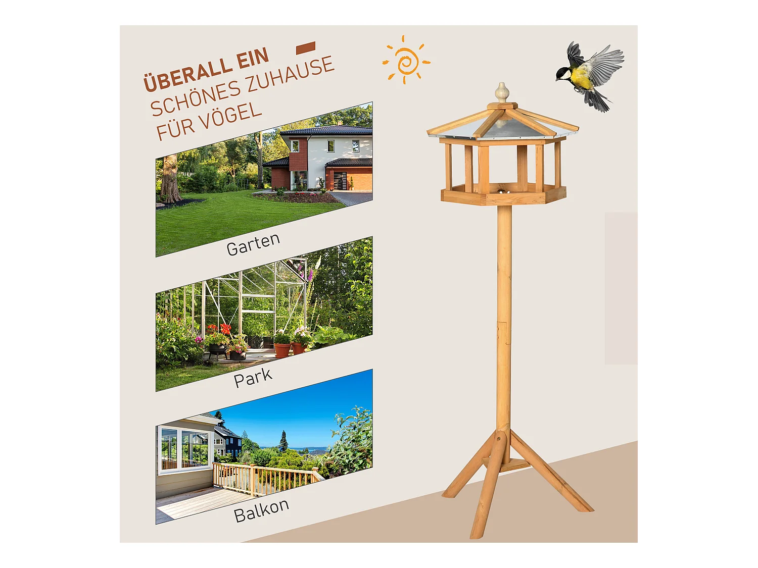 Mangeoire pour oiseaux hexagonale avec toit en zinc, pied stable, bois de sapin, naturel (40x40x113cm)