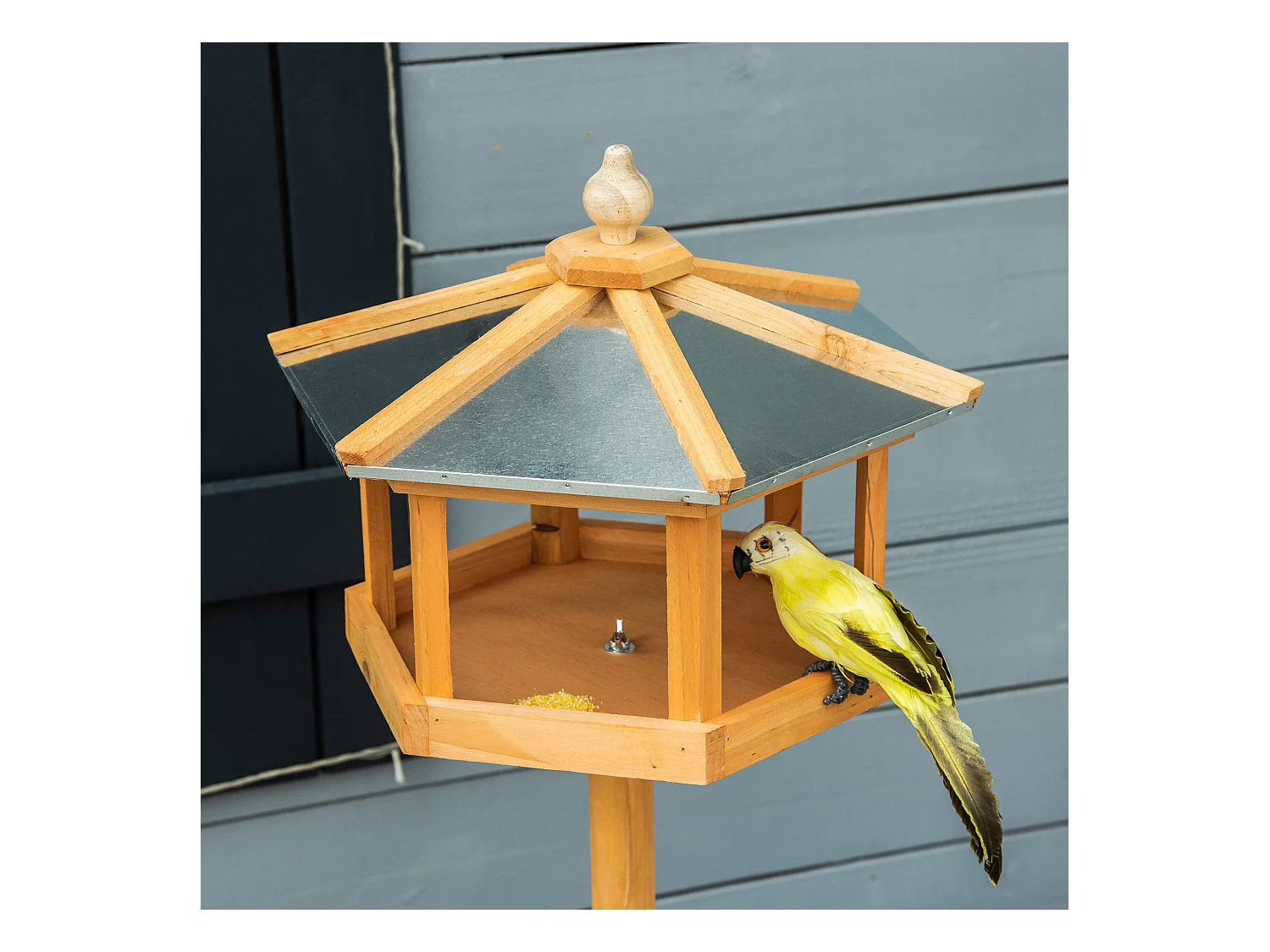 Mangeoire pour oiseaux hexagonale avec toit en zinc, pied stable, bois de sapin, naturel (40x40x113cm)