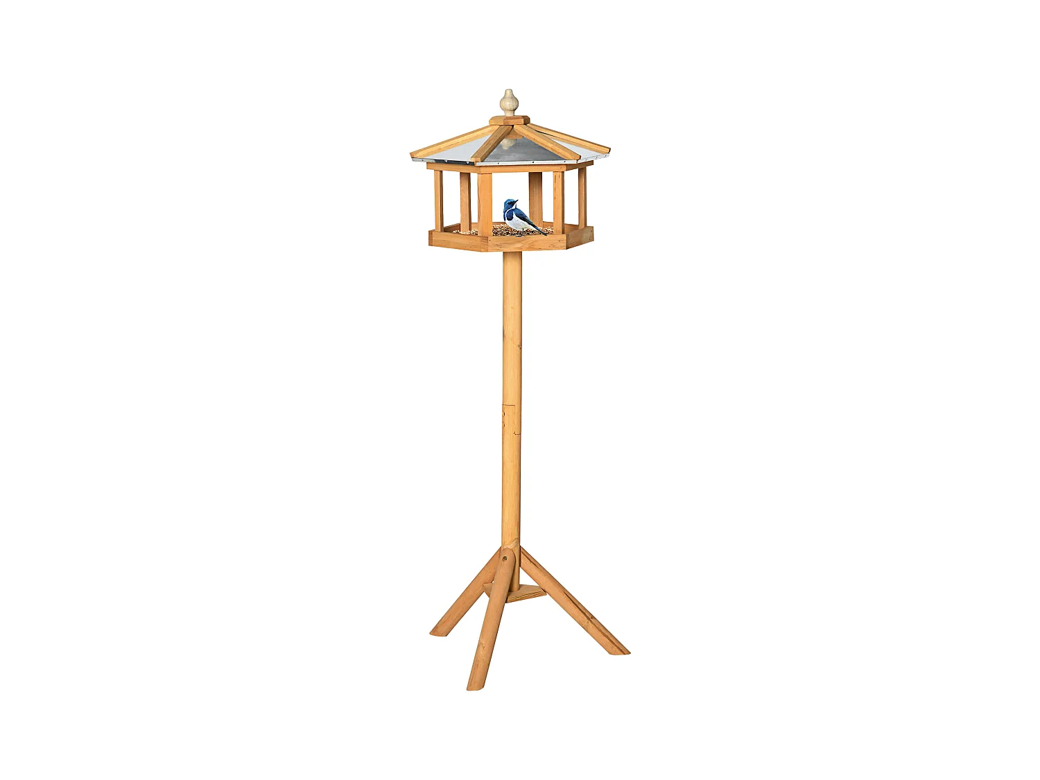 Mangeoire pour oiseaux hexagonale avec toit en zinc, pied stable, bois de sapin, naturel (40x40x113cm)