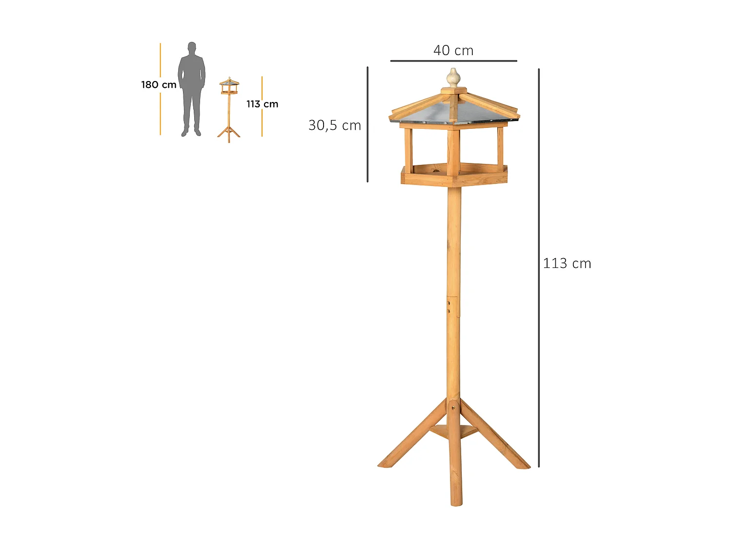 Mangeoire pour oiseaux hexagonale avec toit en zinc, pied stable, bois de sapin, naturel (40x40x113cm)