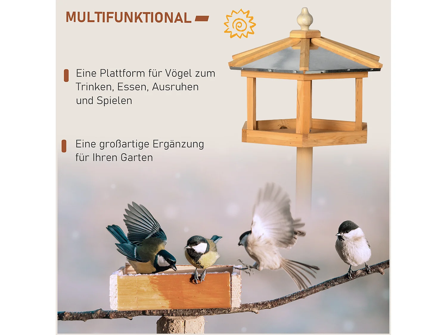 Mangeoire pour oiseaux hexagonale avec toit en zinc, pied stable, bois de sapin, naturel (40x40x113cm)