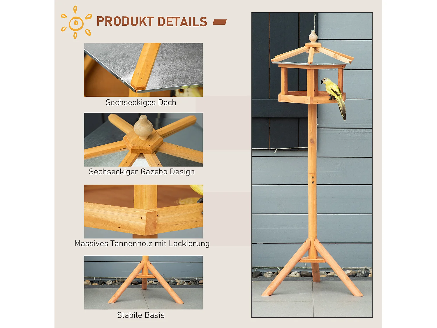 Mangeoire pour oiseaux hexagonale avec toit en zinc, pied stable, bois de sapin, naturel (40x40x113cm)