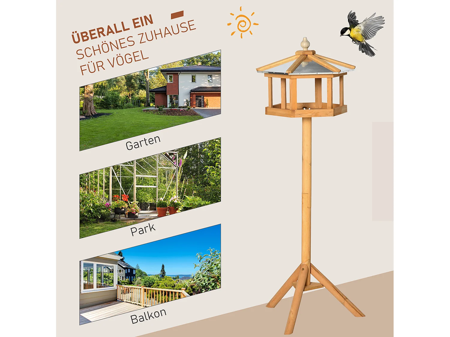 Mangeoire pour oiseaux hexagonale avec toit en zinc, pied stable, bois de sapin, naturel (40x40x113cm)