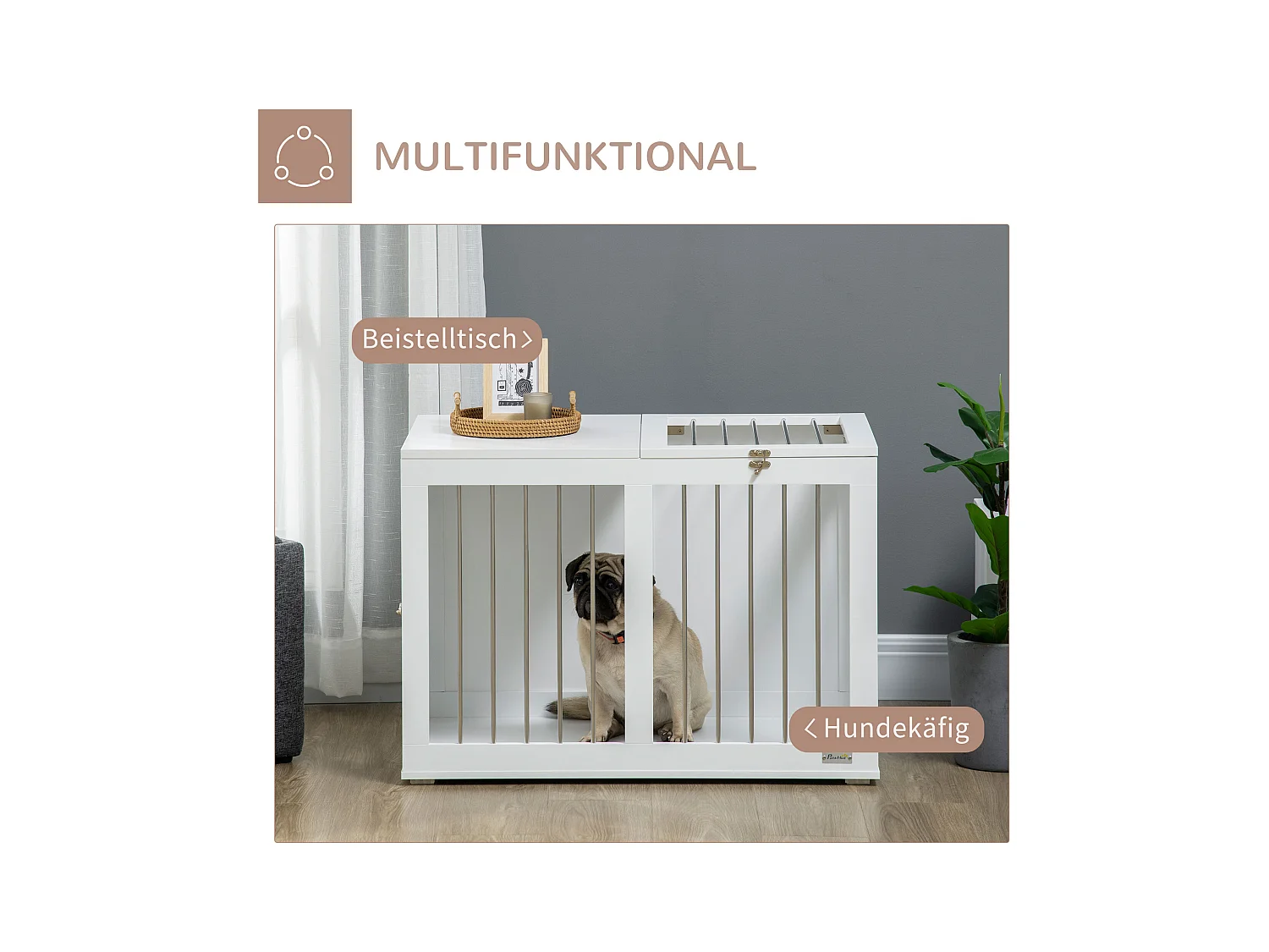 Cage pour chien à portes et fonction transport, design moderne, bois et métal, blanc (80x50x56.5cm)