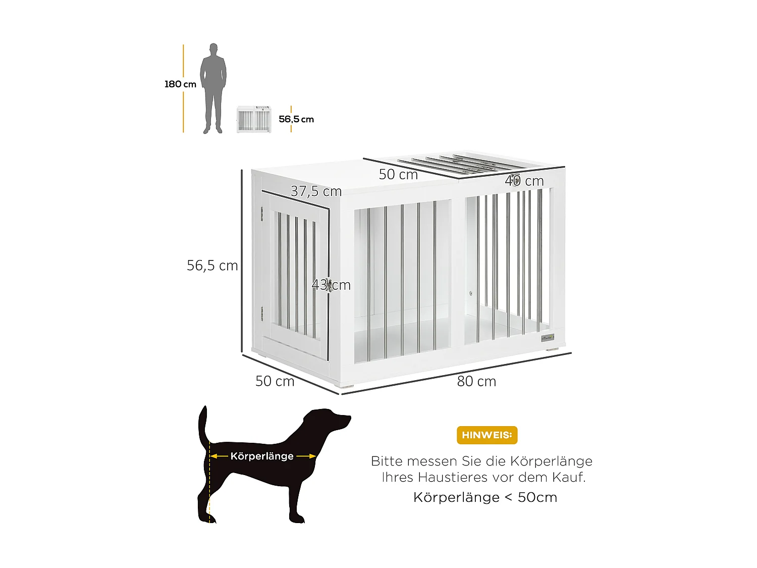Cage pour chien à portes et fonction transport, design moderne, bois et métal, blanc (80x50x56.5cm)