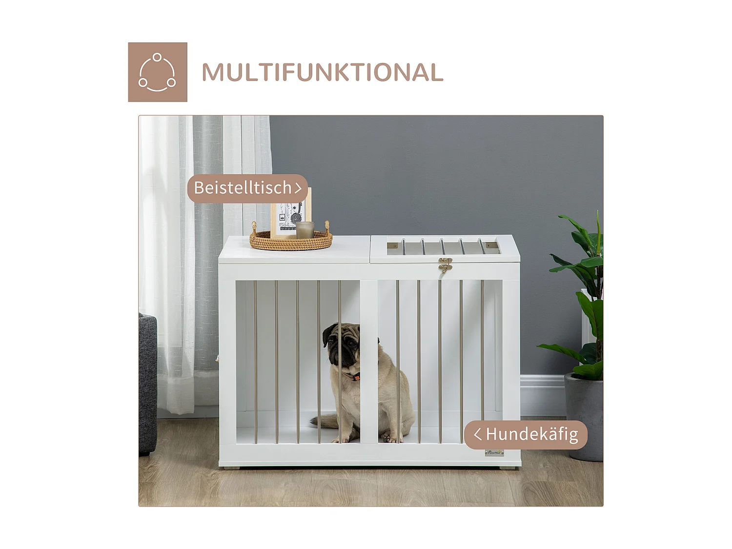 Cage pour chien à portes et fonction transport, design moderne, bois et métal, blanc (80x50x56.5cm)