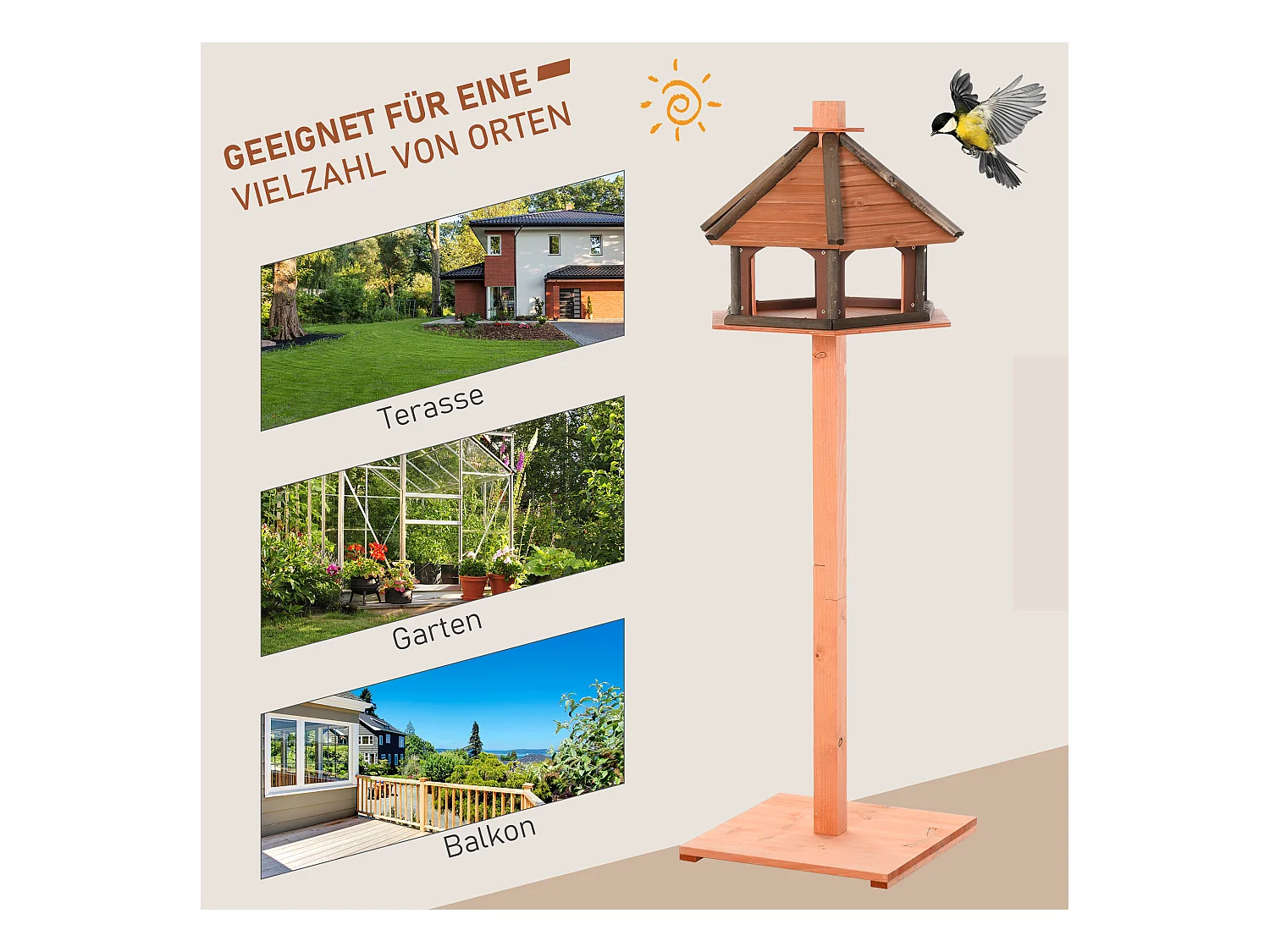 Vogelhuisje met schuin dak, multifunctioneel design, hout, naturel (52x52x130 cm)