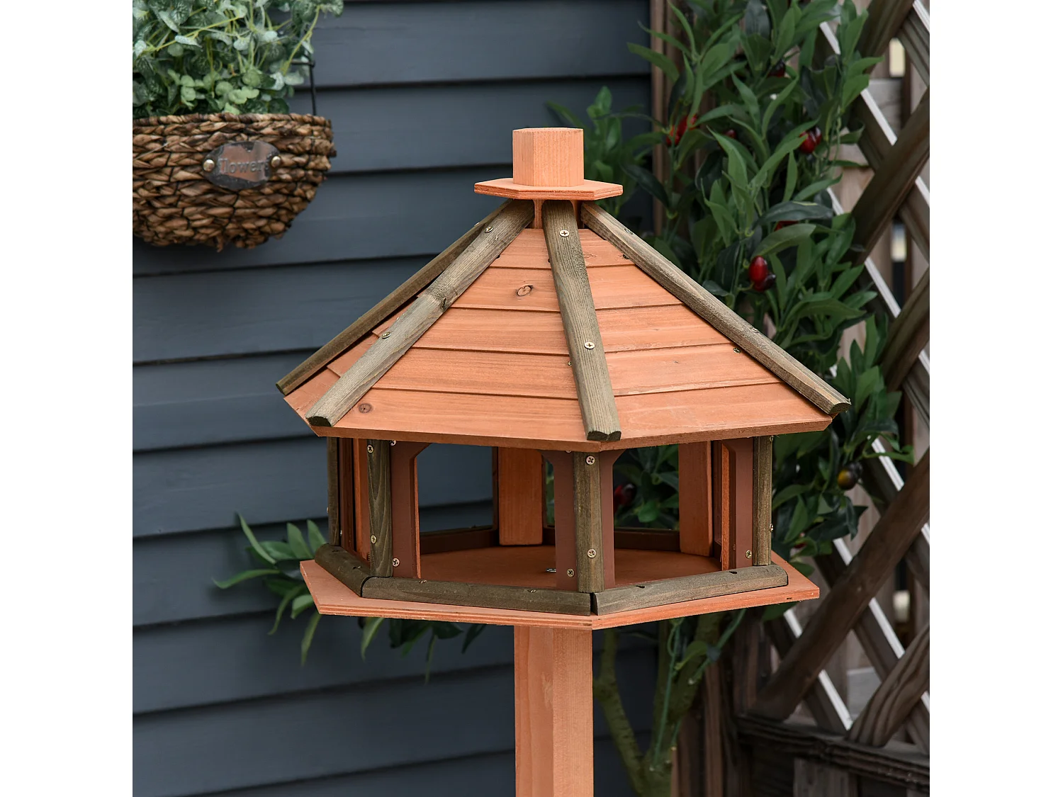 Vogelhuisje met schuin dak, multifunctioneel design, hout, naturel (52x52x130 cm)