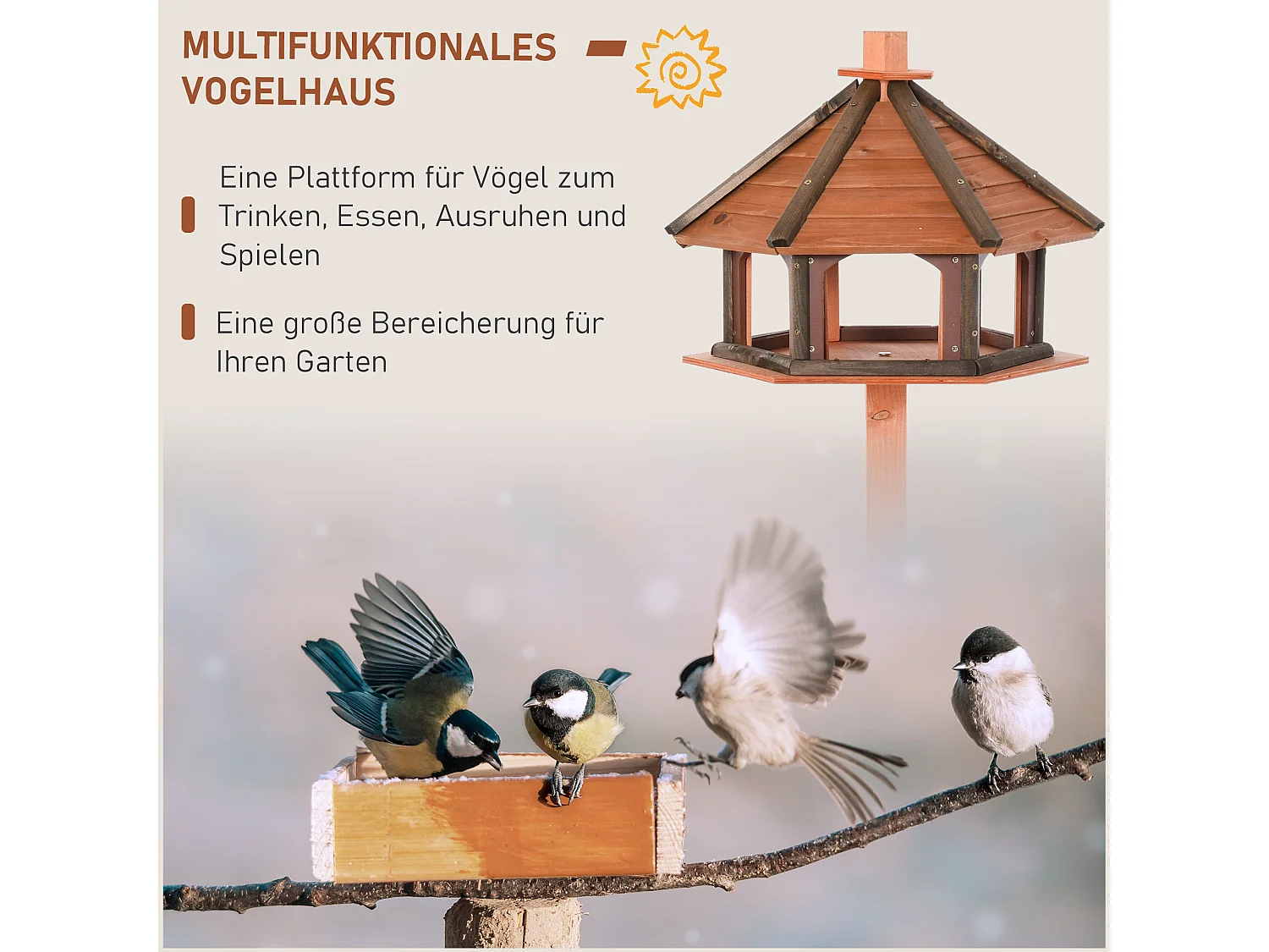 Maison pour oiseaux avec toit en pente, design multifonctionnel, bois, naturel (52x52x130 cm)