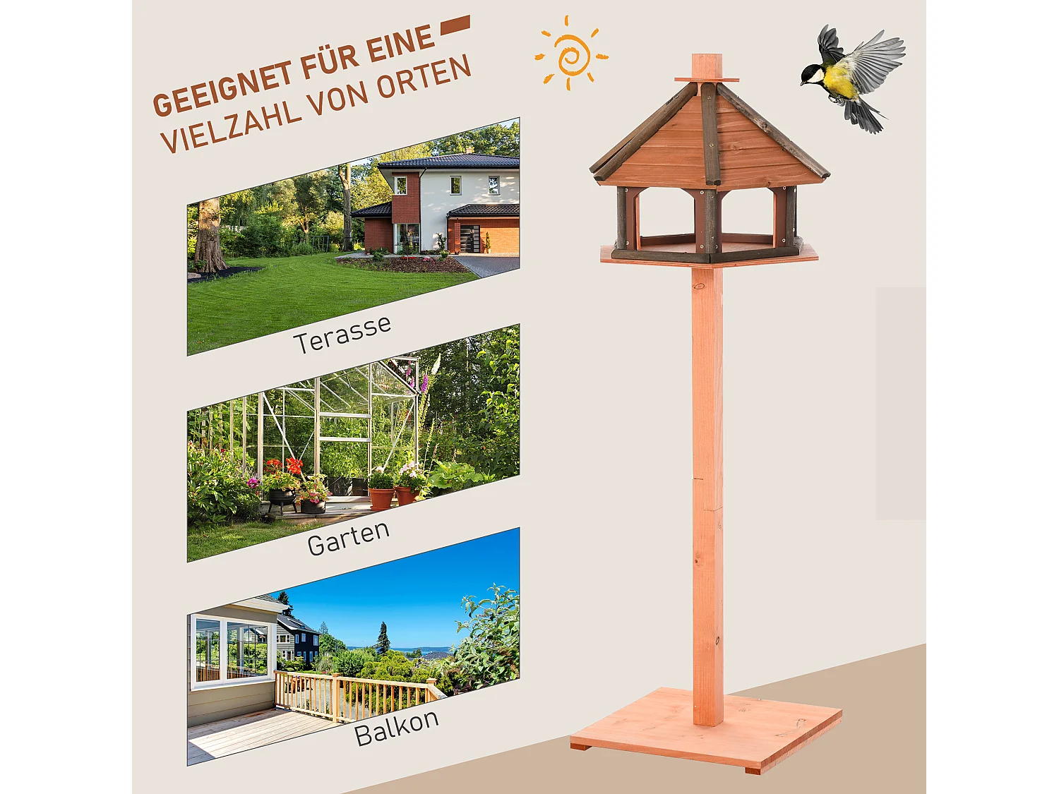 Maison pour oiseaux avec toit en pente, design multifonctionnel, bois, naturel (52x52x130 cm)