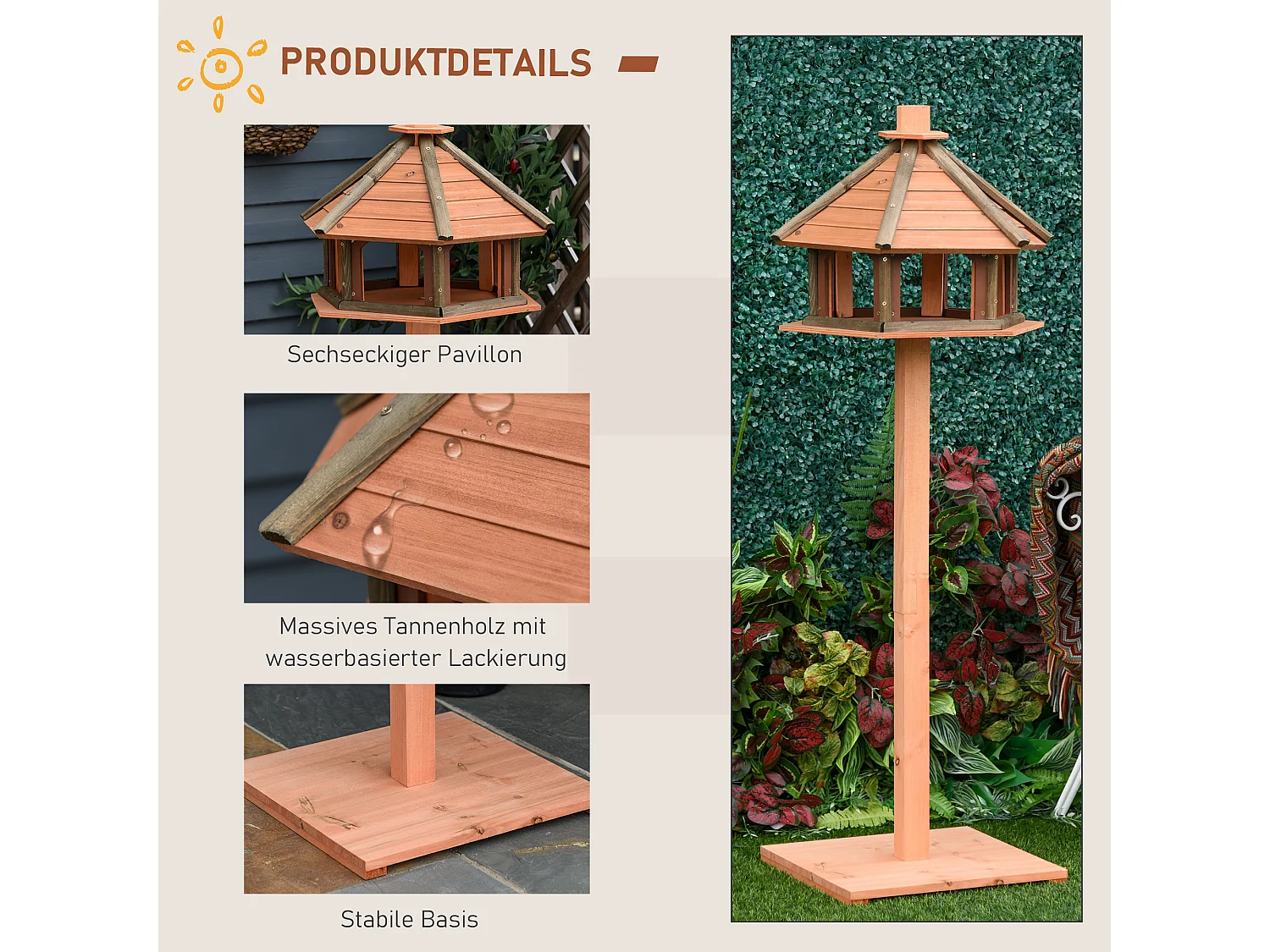 Maison pour oiseaux avec toit en pente, design multifonctionnel, bois, naturel (52x52x130 cm)