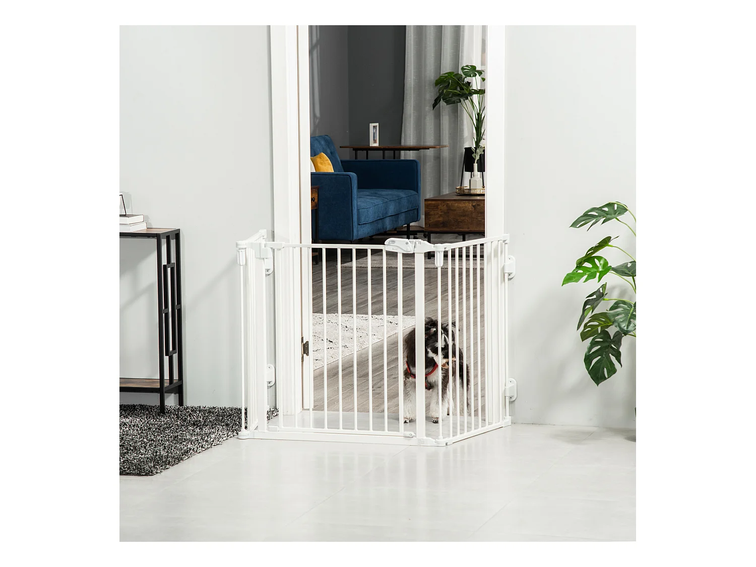 Barrière pour chien réglable et pliable, avec porte automatique, plastique, blanc (202.5x2x76cm)