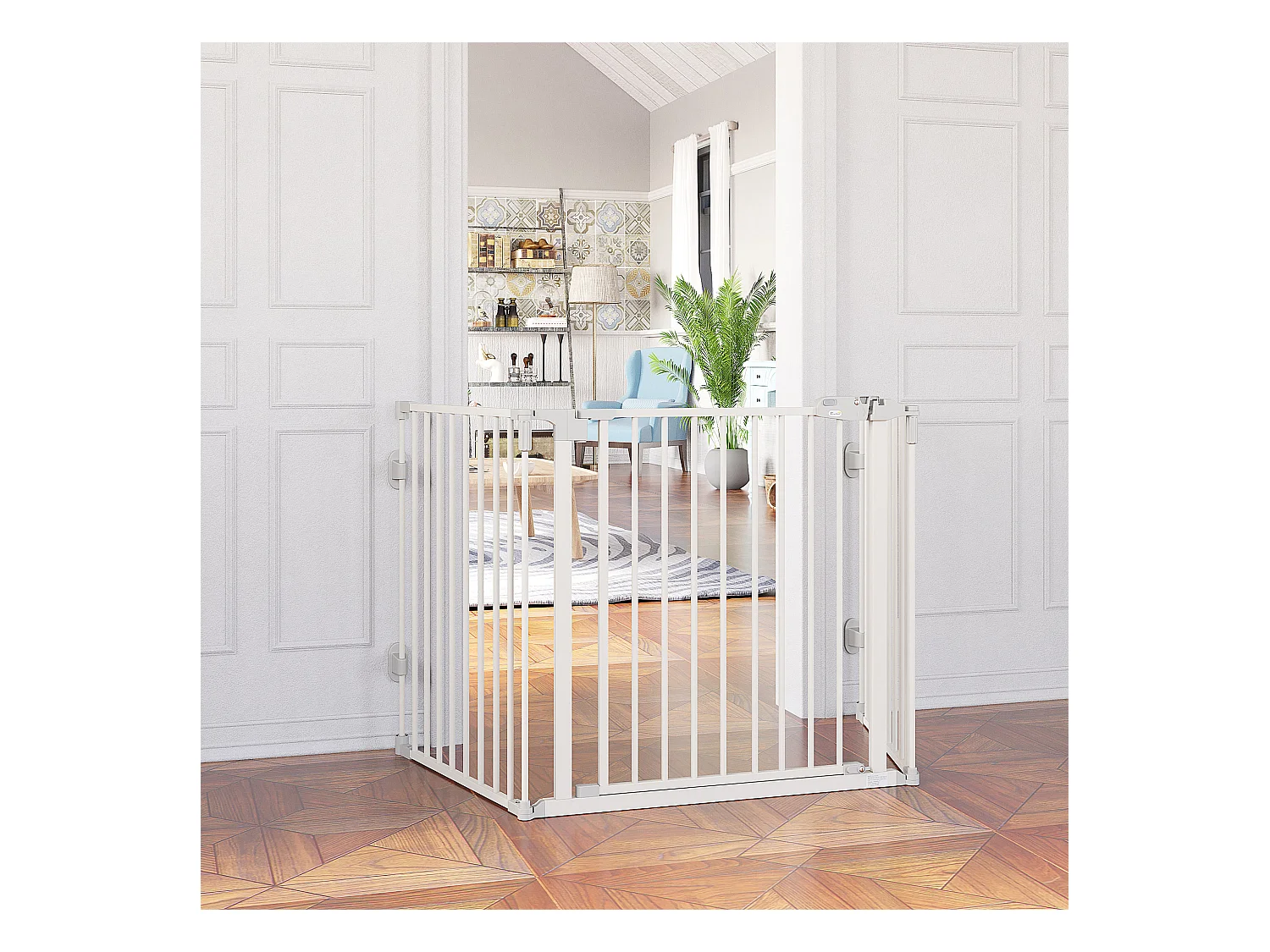 Barrière pour chien réglable et pliable, avec porte automatique, plastique, blanc (202.5x2x76cm)