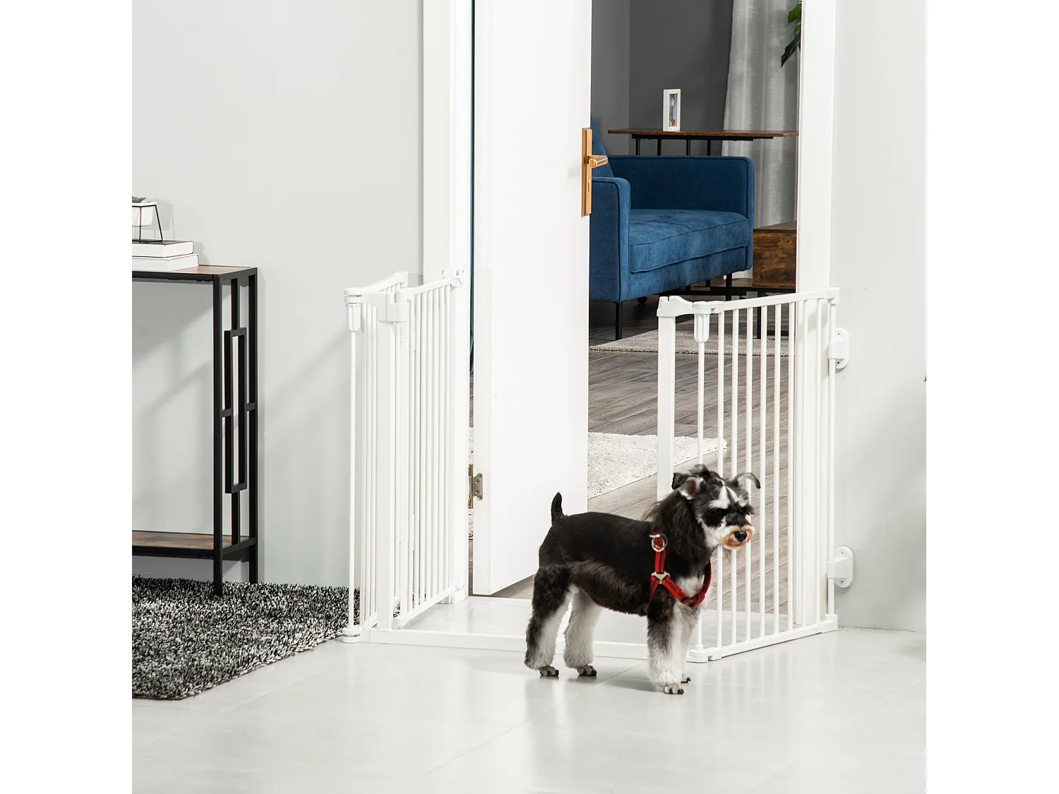Barrière pour chien réglable et pliable, avec porte automatique, plastique, blanc (202.5x2x76cm)