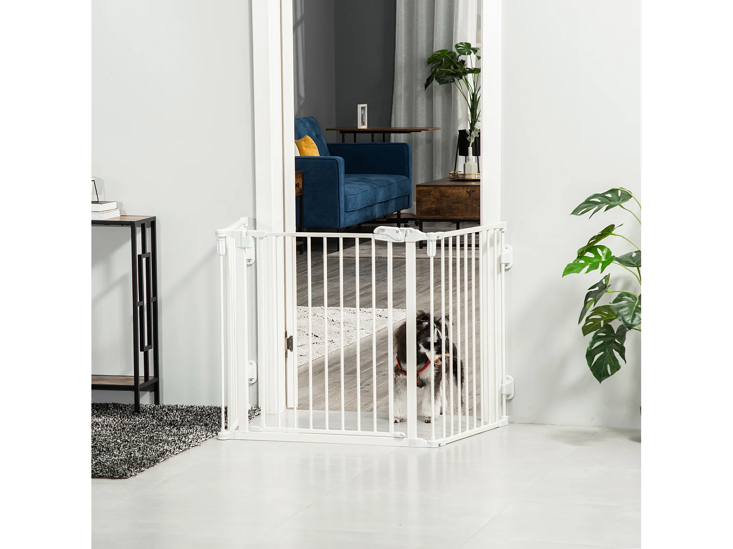 Barrière pour chien réglable et pliable, avec porte automatique, plastique, blanc (202.5x2x76cm)