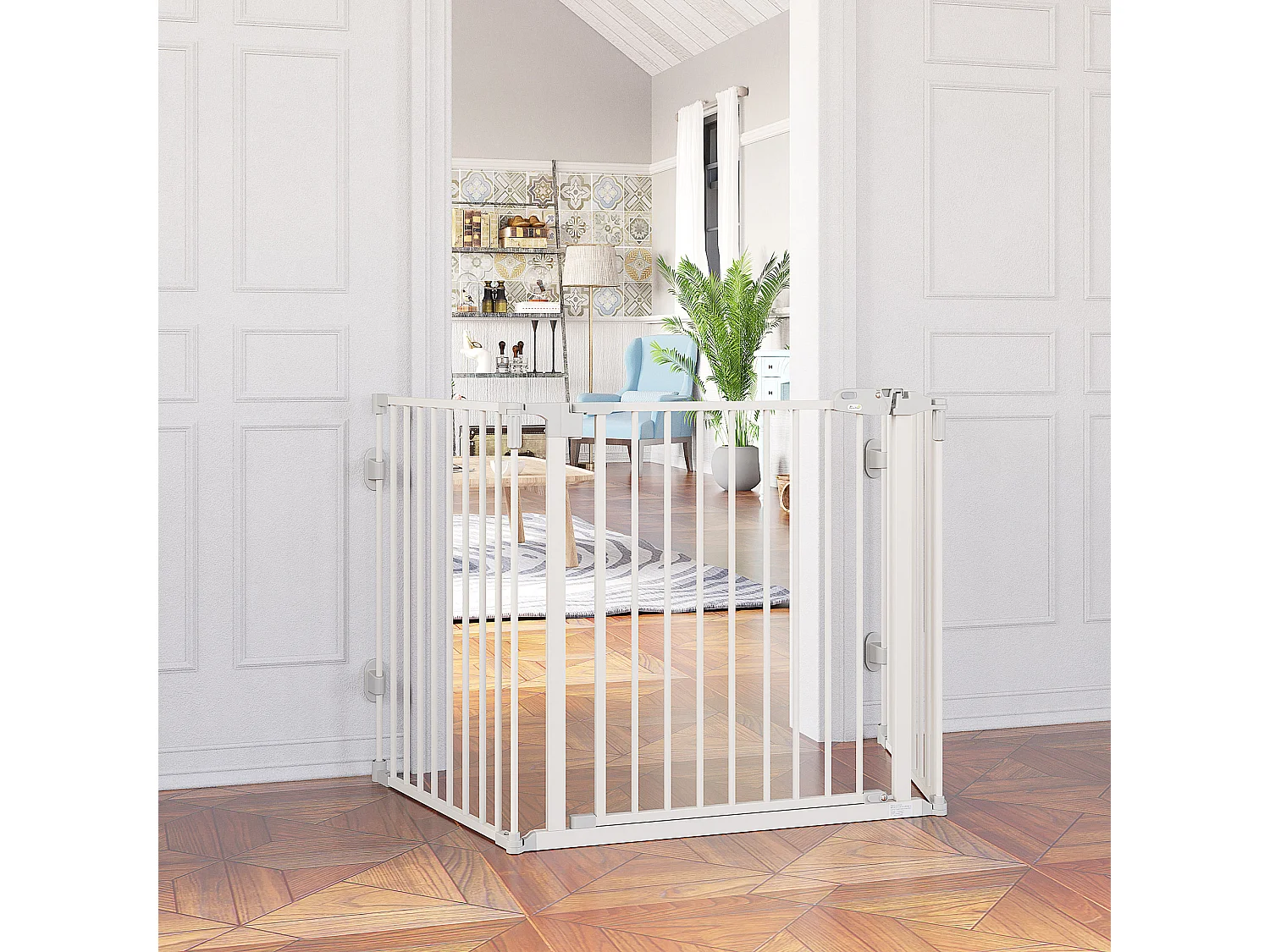 Barrière pour chien réglable et pliable, avec porte automatique, plastique, blanc (202.5x2x76cm)