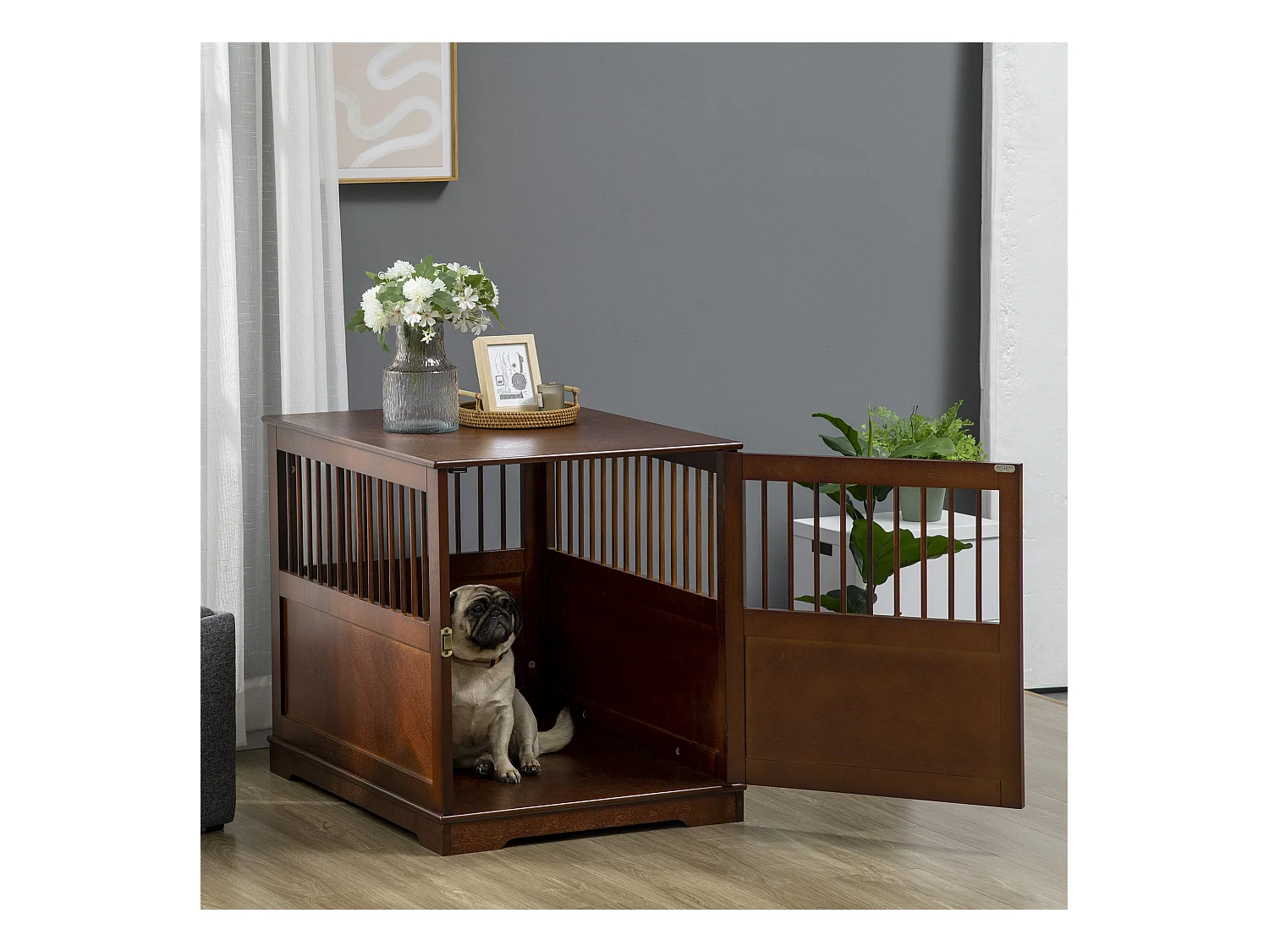 Trasportino per cani con piano d'appoggio, design elegante, legno, marrone (80,5x59,5x67,5cm)