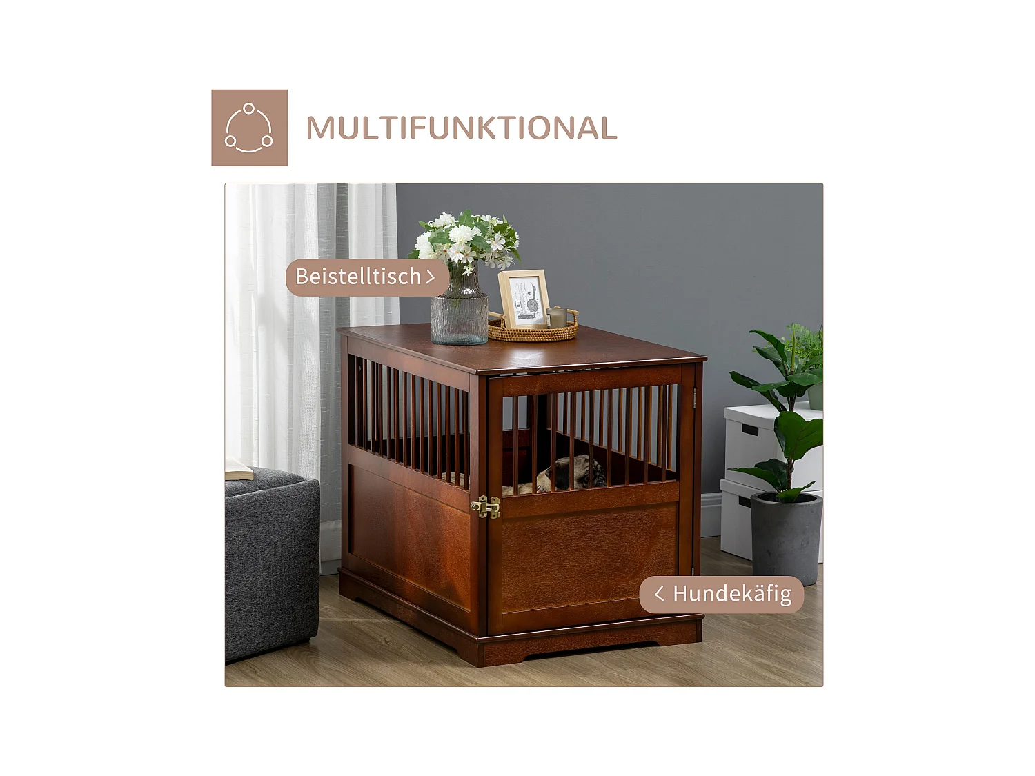 Trasportino per cani con piano d'appoggio, design elegante, legno, marrone (80,5x59,5x67,5cm)