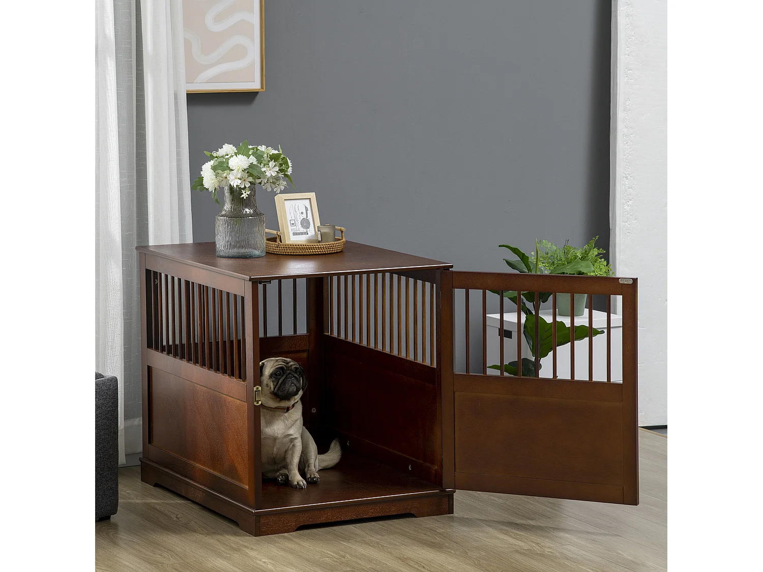 Cage pour chien avec plateau de table, design élégant, bois, marron (80.5x59.5x67.5cm)