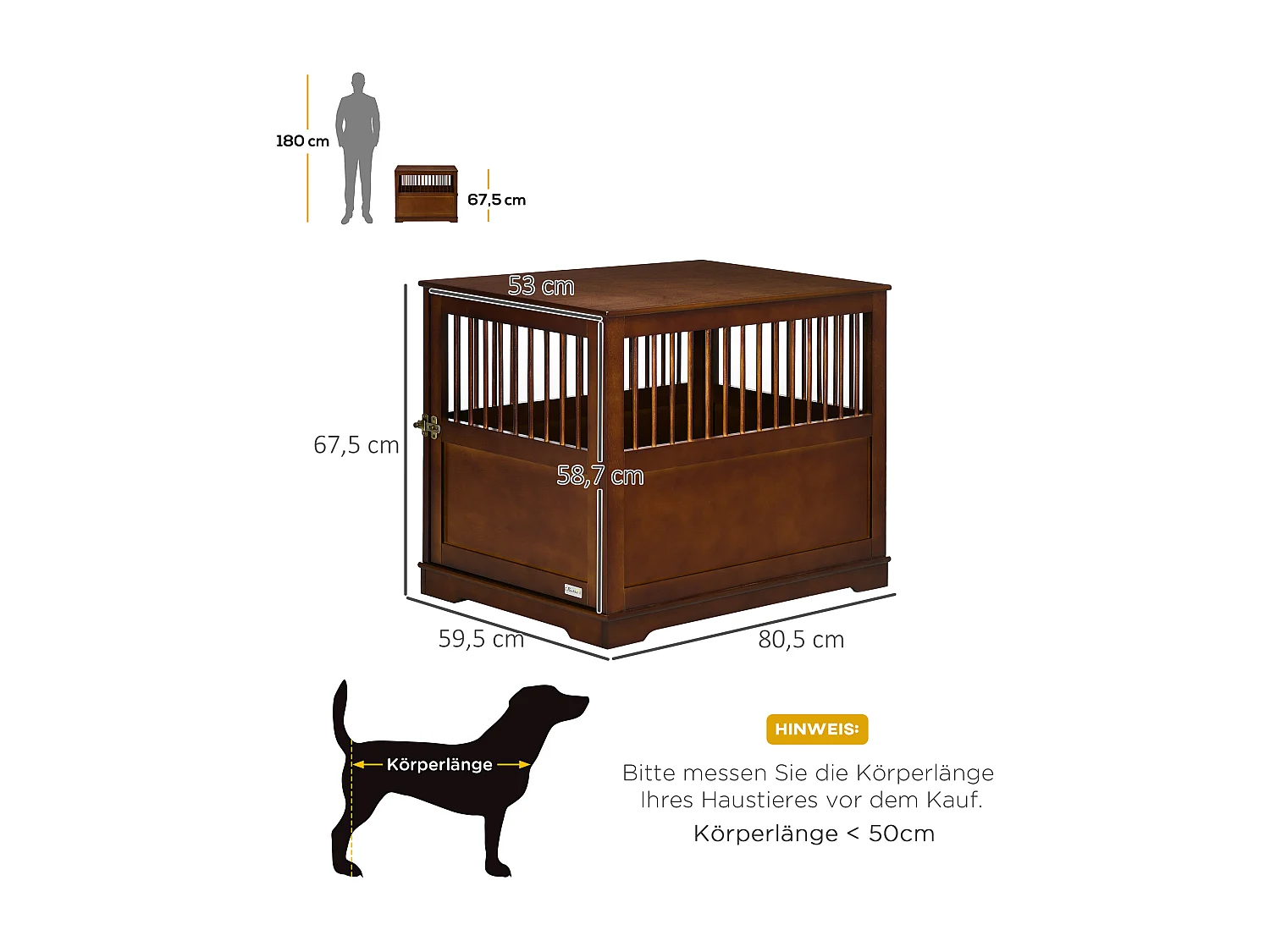 Cage pour chien avec plateau de table, design élégant, bois, marron (80.5x59.5x67.5cm)