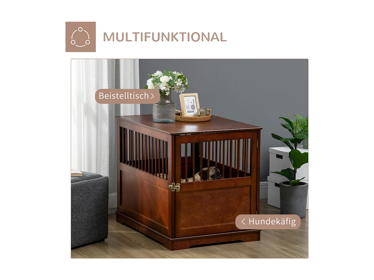 Cage pour chien avec plateau de table, design élégant, bois, marron (80.5x59.5x67.5cm)