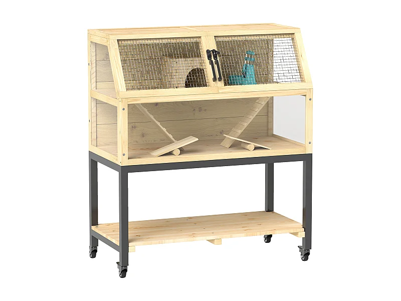 Cage pour hamster nain en bois, design spacieux à 2 étages avec accessoires, bois naturel (87x43x101cm)