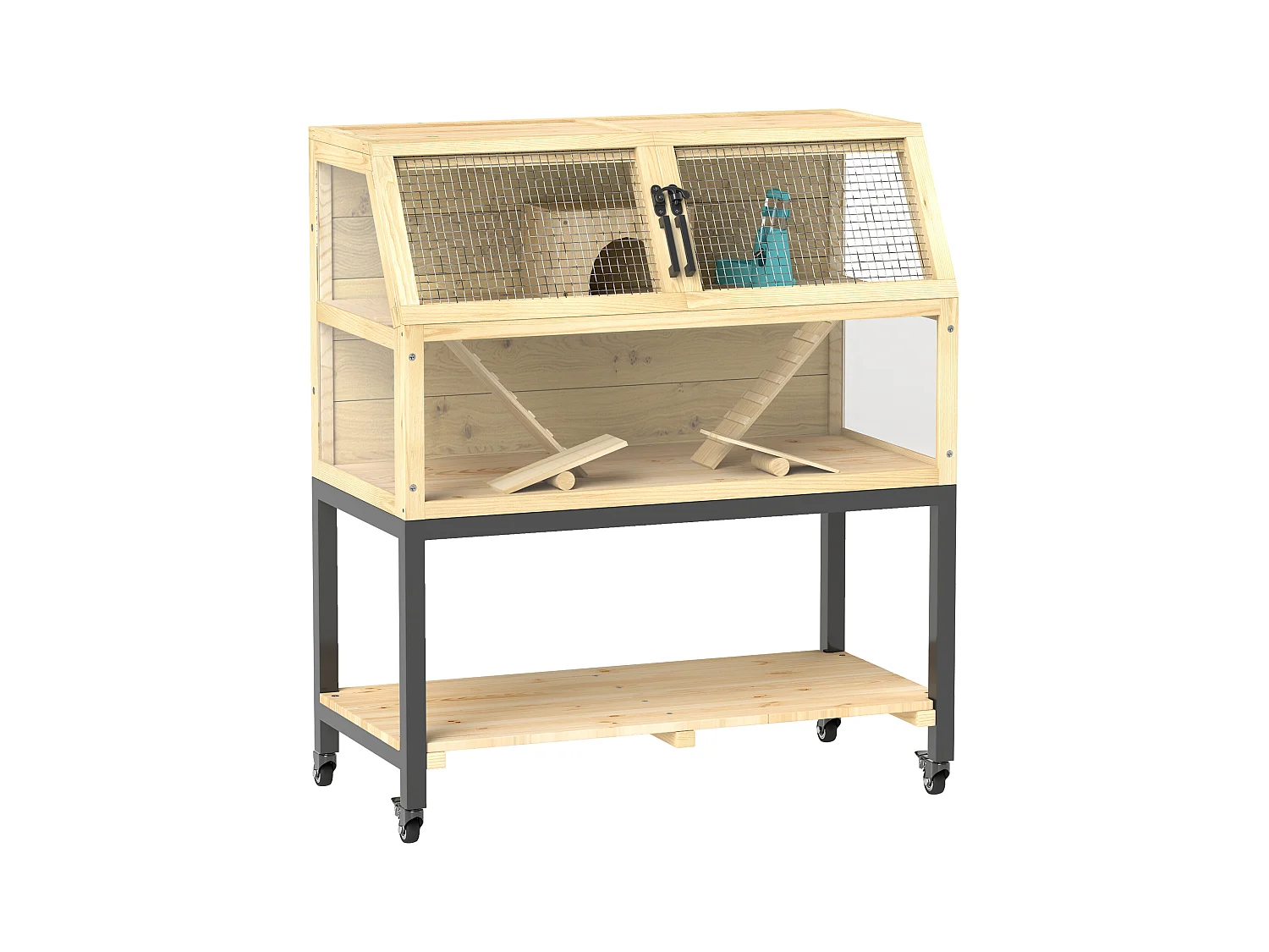 Cage pour hamster nain en bois, design spacieux à 2 étages avec accessoires, bois naturel (87x43x101cm)