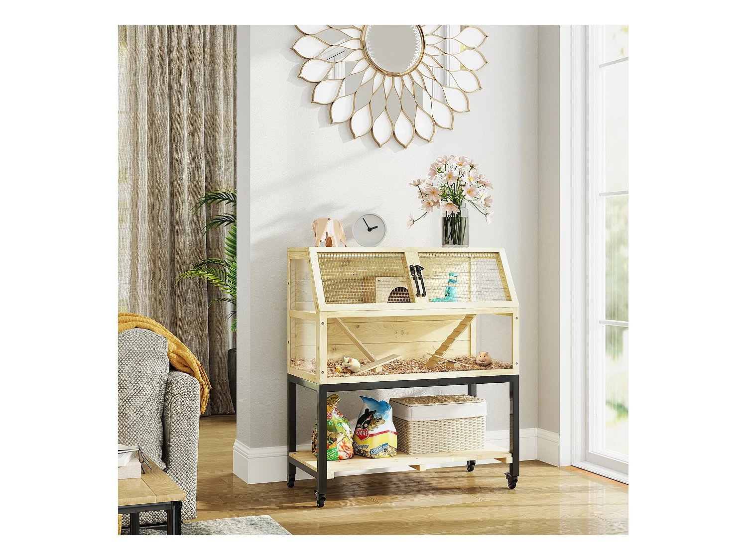 Cage pour hamster nain en bois, design spacieux à 2 étages avec accessoires, bois naturel (87x43x101cm)