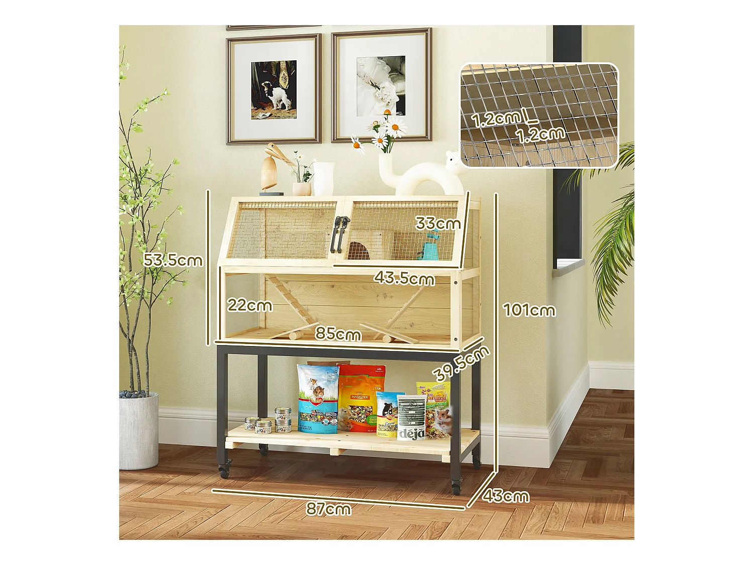 Cage pour hamster nain en bois, design spacieux à 2 étages avec accessoires, bois naturel (87x43x101cm)