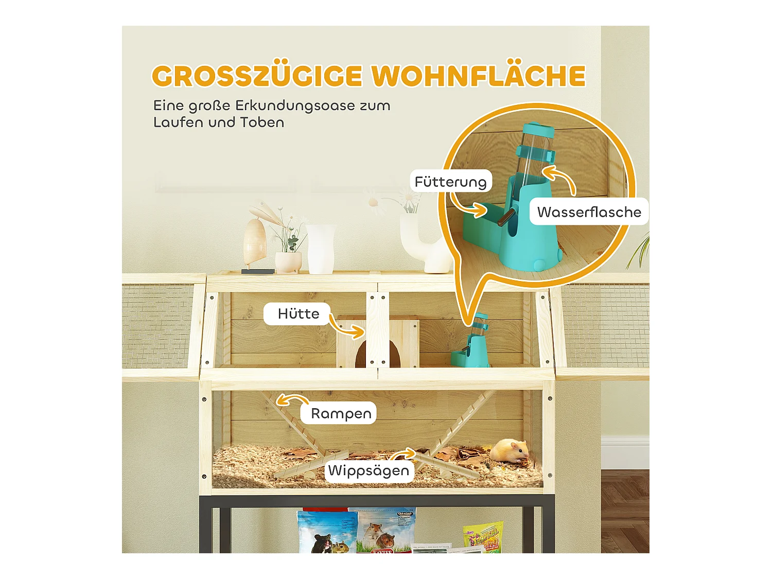 Cage pour hamster nain en bois, design spacieux à 2 étages avec accessoires, bois naturel (87x43x101cm)