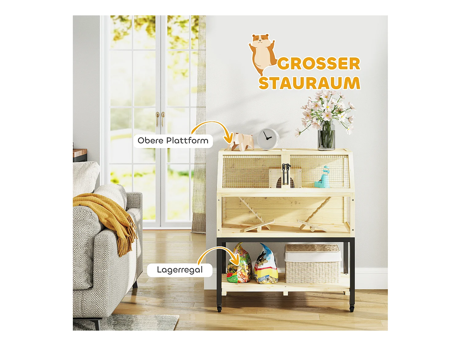 Cage pour hamster nain en bois, design spacieux à 2 étages avec accessoires, bois naturel (87x43x101cm)