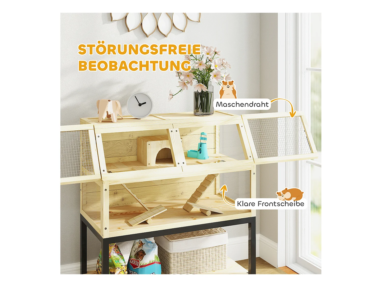 Cage pour hamster nain en bois, design spacieux à 2 étages avec accessoires, bois naturel (87x43x101cm)