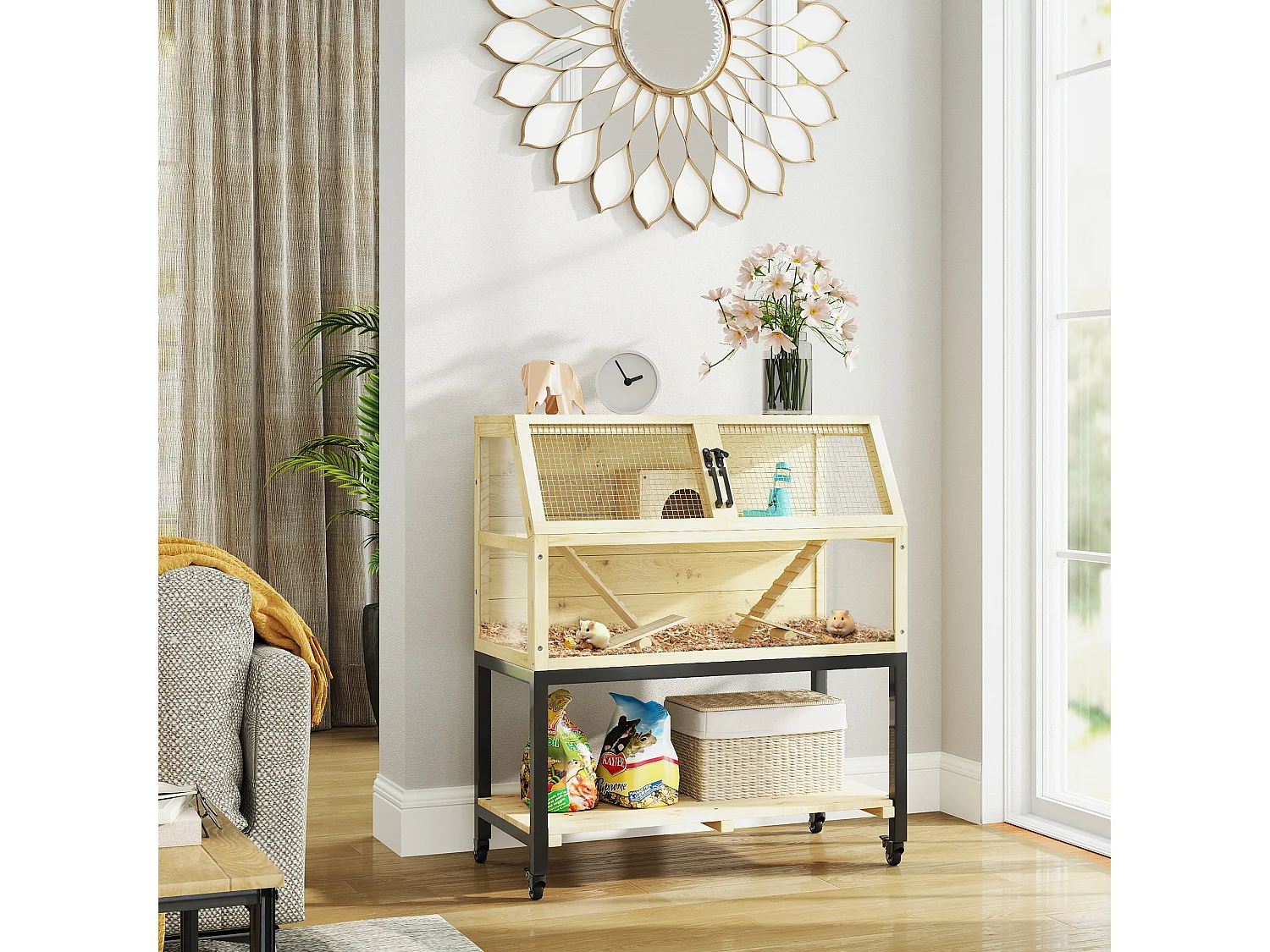 Cage pour hamster nain en bois, design spacieux à 2 étages avec accessoires, bois naturel (87x43x101cm)