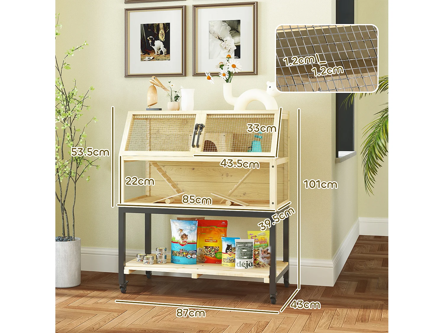 Cage pour hamster nain en bois, design spacieux à 2 étages avec accessoires, bois naturel (87x43x101cm)