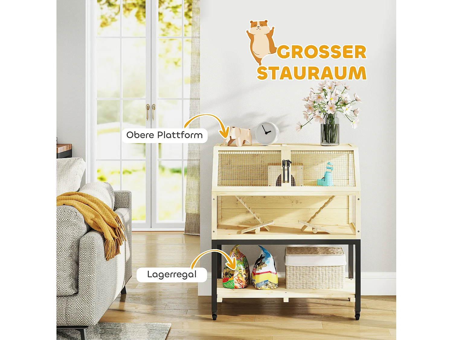 Cage pour hamster nain en bois, design spacieux à 2 étages avec accessoires, bois naturel (87x43x101cm)