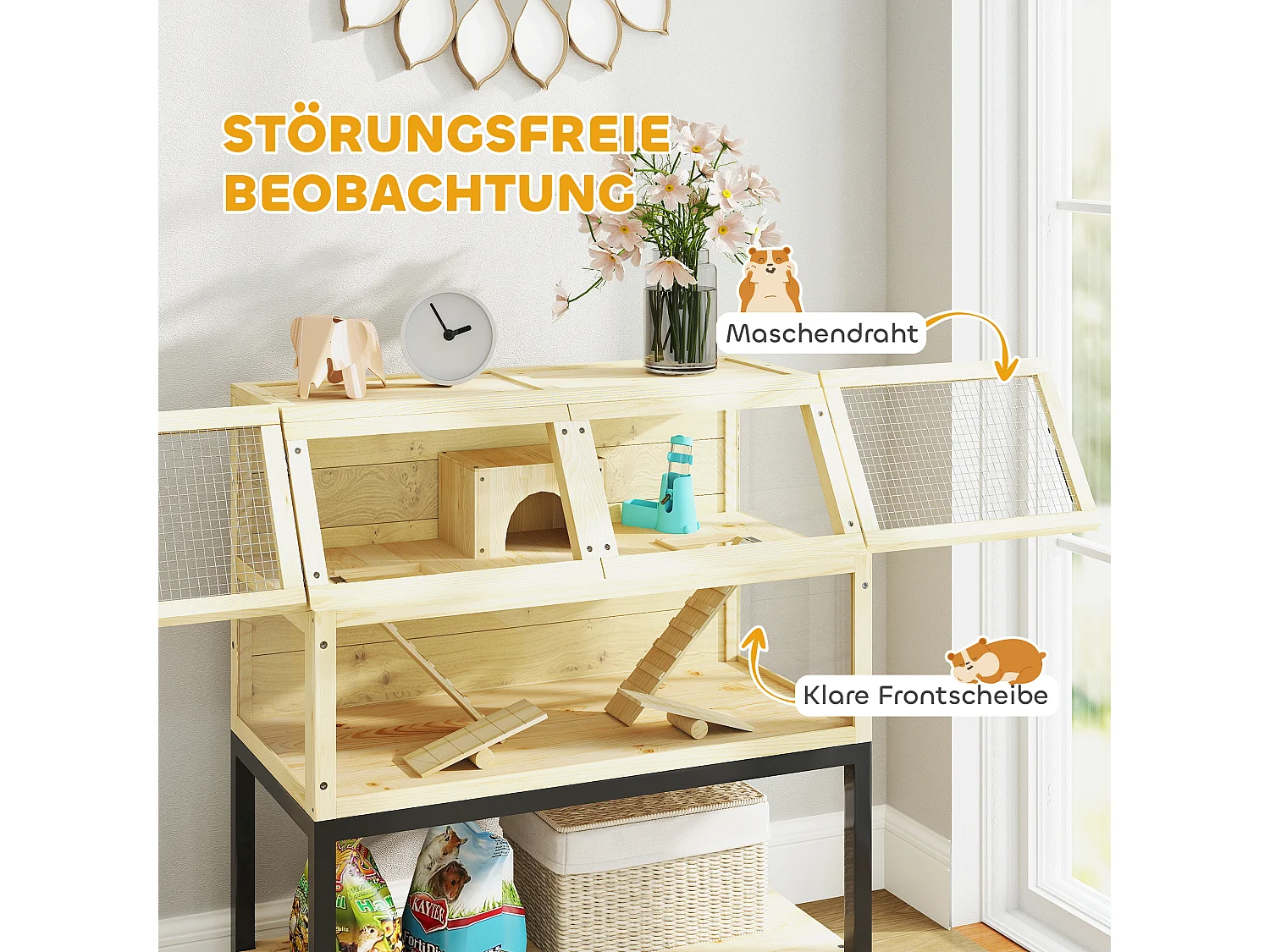 Cage pour hamster nain en bois, design spacieux à 2 étages avec accessoires, bois naturel (87x43x101cm)