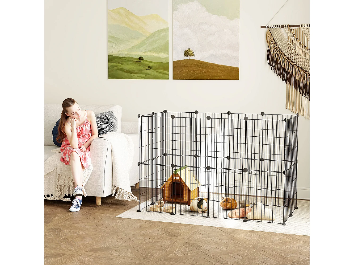 Enclos extérieur pour lapins et petits animaux, acier, noir avec porte (120x60x80 cm)