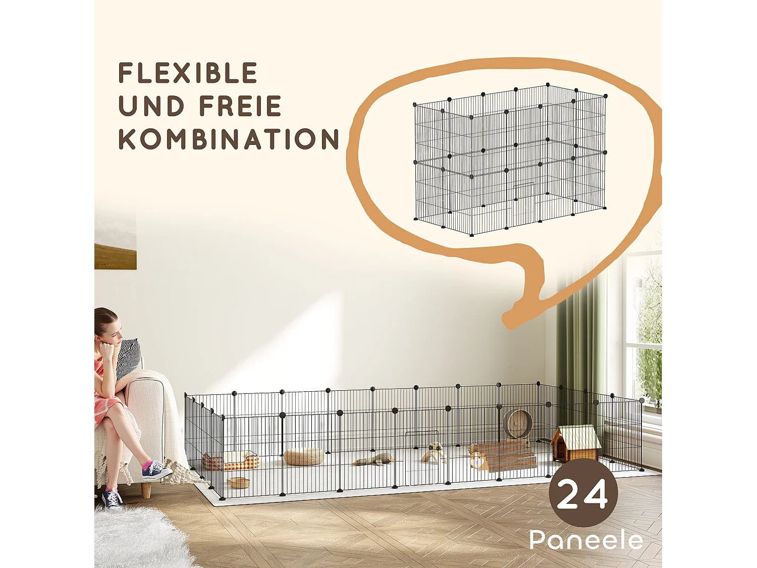 Enclos extérieur pour lapins et petits animaux, acier, noir avec porte (120x60x80 cm)