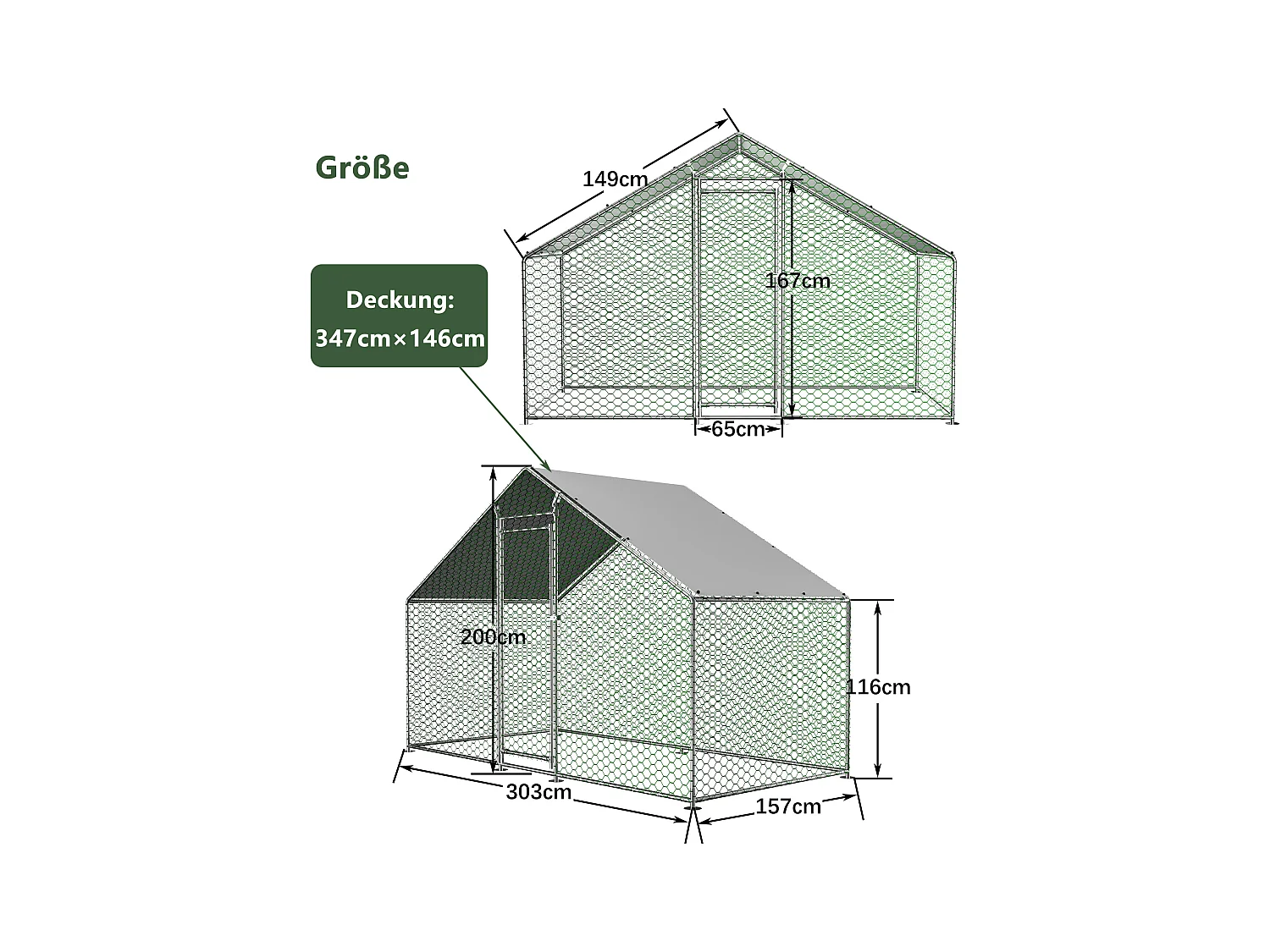Enclos extérieur pour volailles et petits animaux, métal galvanisé, toiture PE imperméable, avec serrure de sécurité (300x150x200cm)