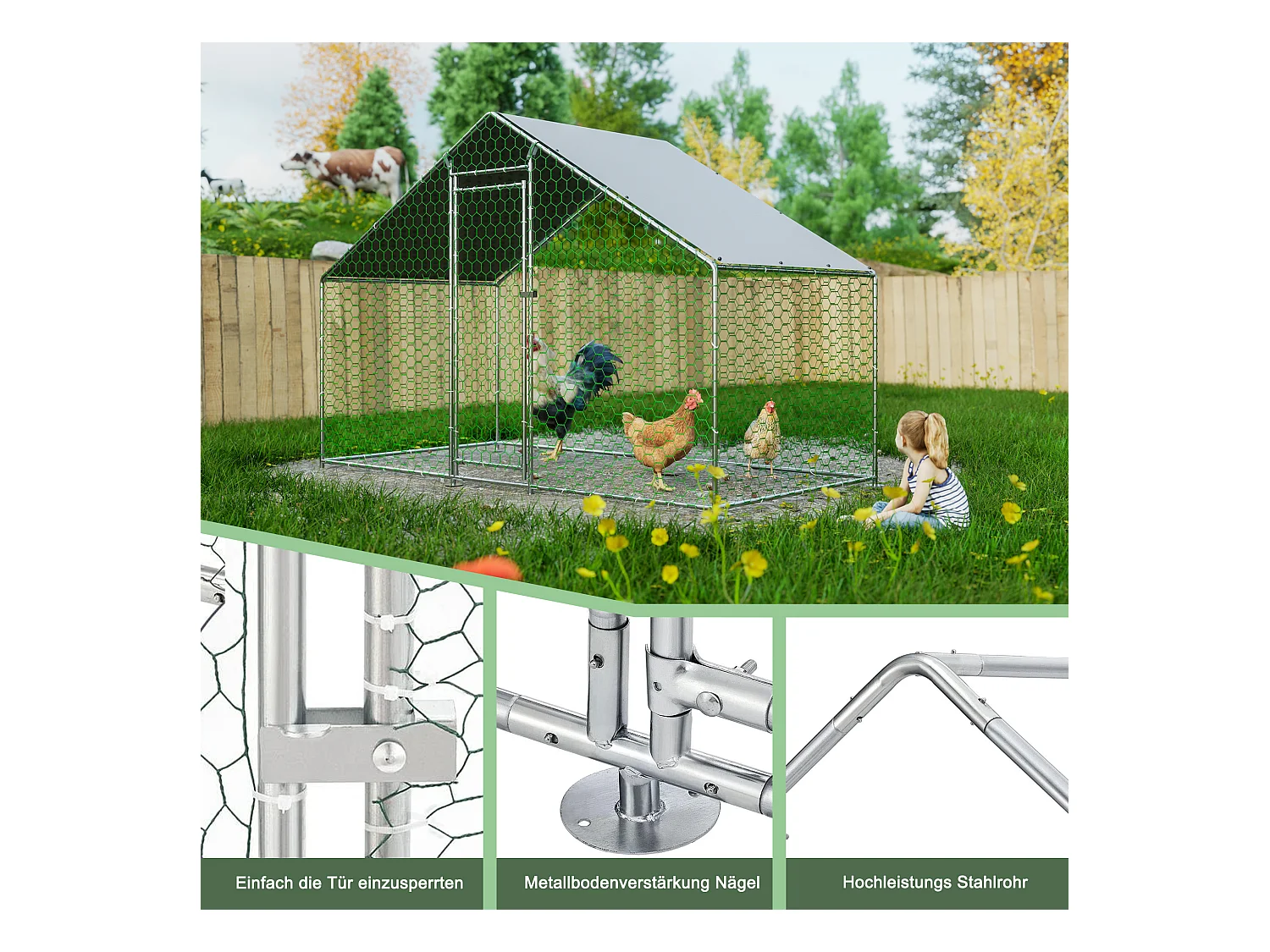 Enclos extérieur pour volailles et petits animaux, métal galvanisé, toiture PE imperméable, avec serrure de sécurité (300x150x200cm)