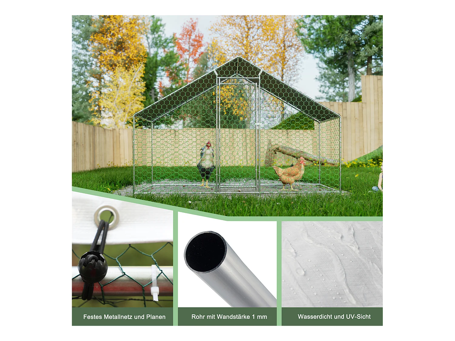 Enclos extérieur pour volailles et petits animaux, métal galvanisé, toiture PE imperméable, avec serrure de sécurité (300x150x200cm)