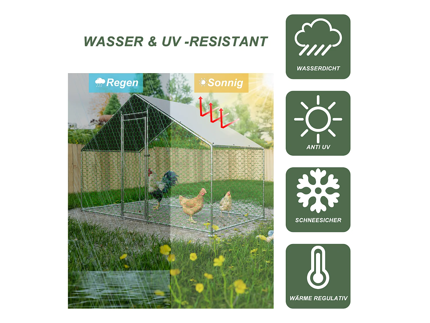 Enclos extérieur pour volailles et petits animaux, métal galvanisé, toiture PE imperméable, avec serrure de sécurité (300x150x200cm)