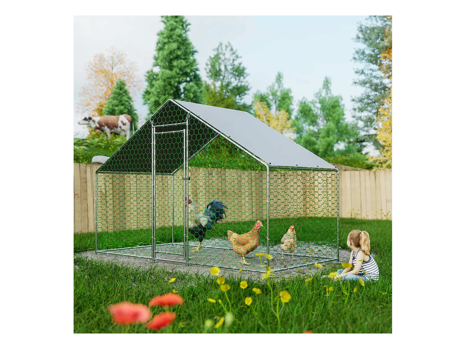 Enclos extérieur pour volailles et petits animaux, métal galvanisé, toiture PE imperméable, avec serrure de sécurité (300x150x200cm)