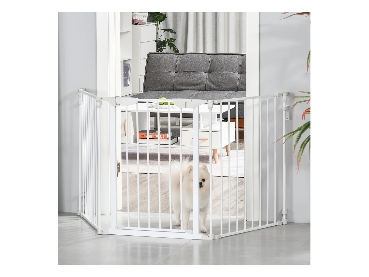 Barrière de sécurité pour chien à porte automatique, 3 éléments, métal, blanc (180x3x74.5cm)