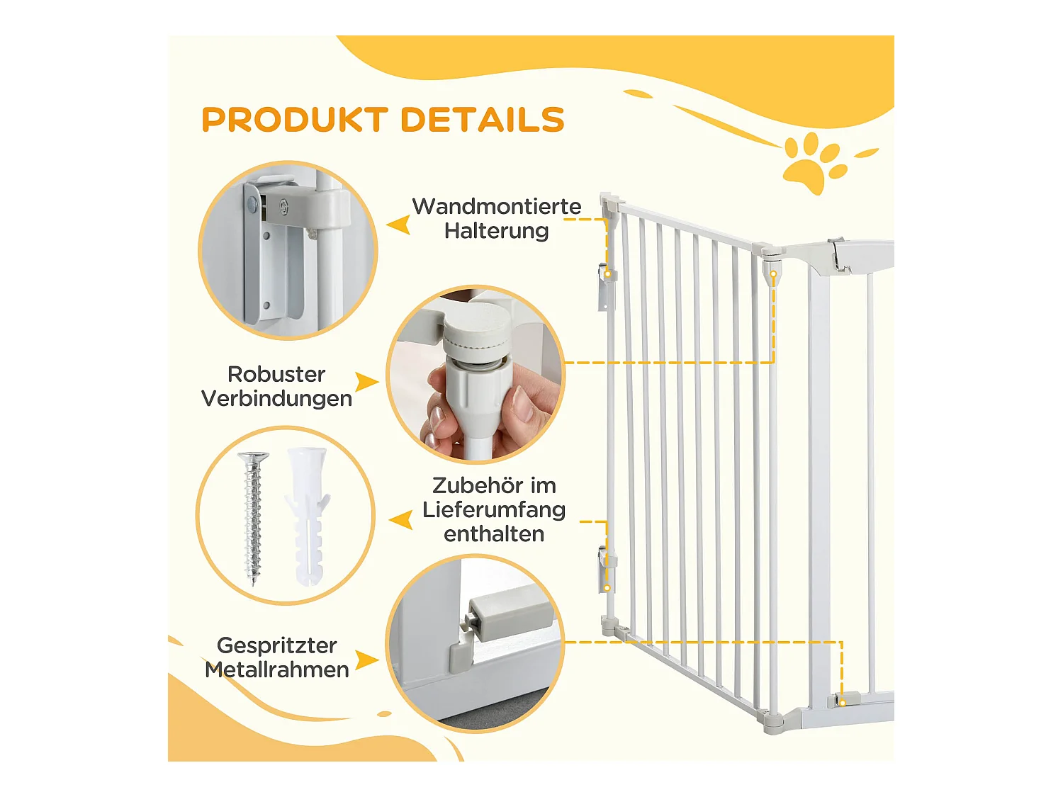 Barrière de sécurité pour chien à porte automatique, 3 éléments, métal, blanc (180x3x74.5cm)
