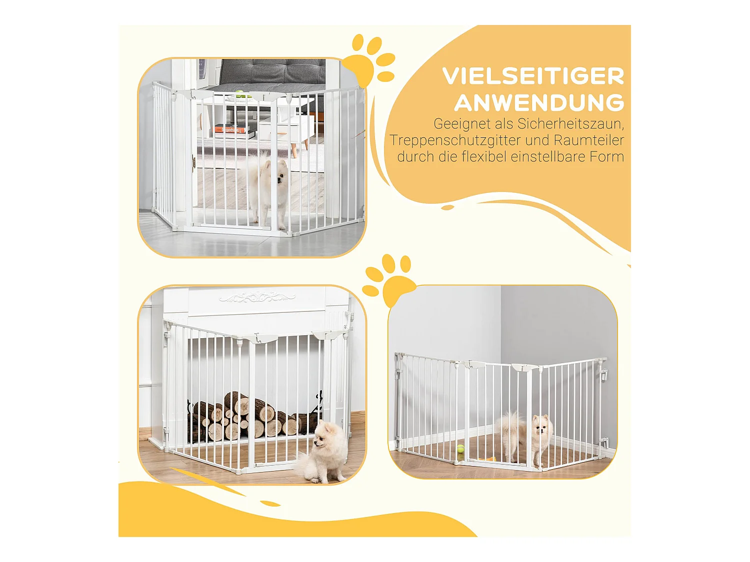 Barrière de sécurité pour chien à porte automatique, 3 éléments, métal, blanc (180x3x74.5cm)