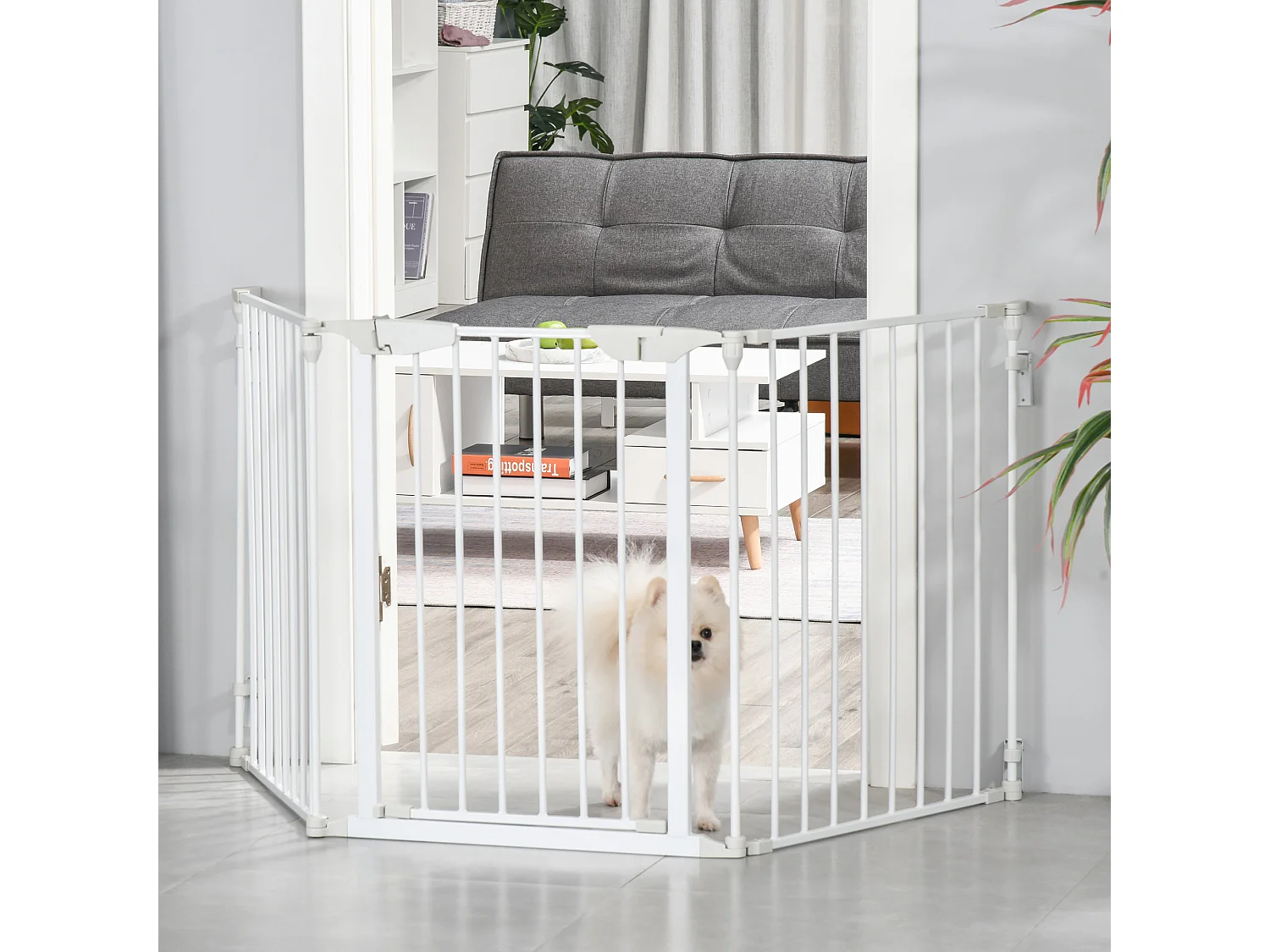 Barrière de sécurité pour chien à porte automatique, 3 éléments, métal, blanc (180x3x74.5cm)