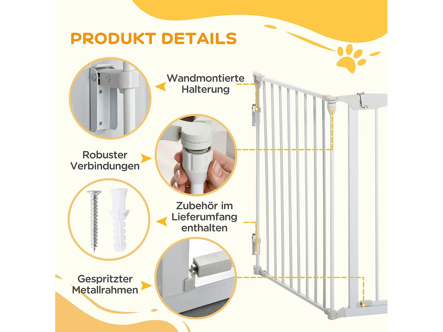 Barrière de sécurité pour chien à porte automatique, 3 éléments, métal, blanc (180x3x74.5cm)