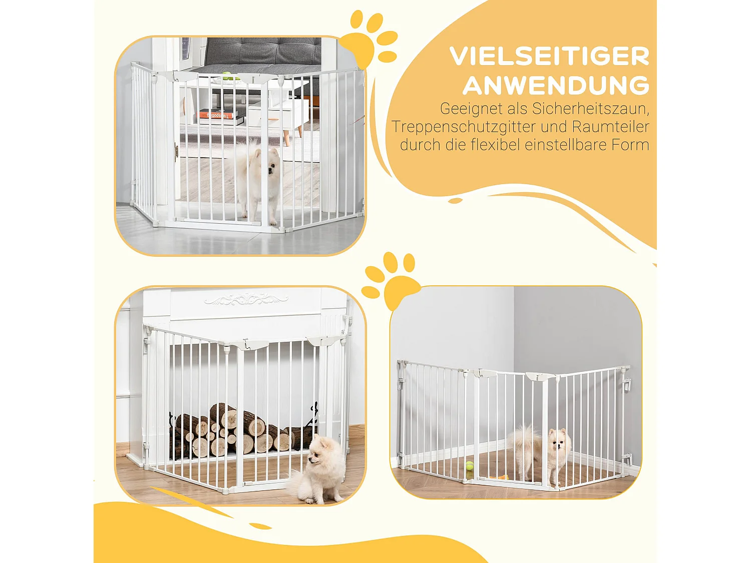 Barrière de sécurité pour chien à porte automatique, 3 éléments, métal, blanc (180x3x74.5cm)