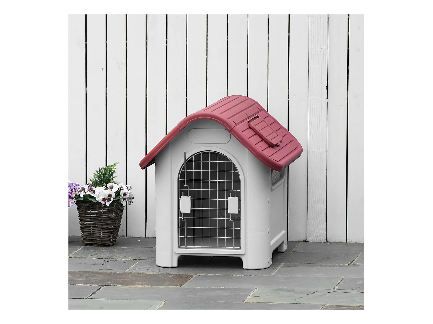 Cabane pour chien extérieure avec lucarne et porte, plastique résistant, rouge, design classique (59x75x66cm)